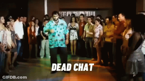 Man In Blue Shirt Dancing With Dead Chat Above GIF