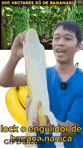 Man In Blue Shirt Holding Banana GIF
