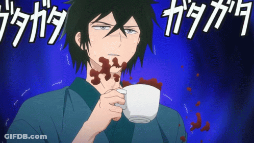 Man In Blue Shirt Holding Coffee With Neck Stain GIF