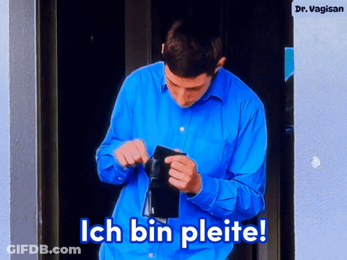 Man In Blue Shirt Holding Empty Wallet Says Ich Bin Pleife GIF