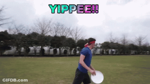 Man In Blue Shirt Holding Frisbee Saying Yippee GIF