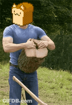 Man In Blue Shirt Holding Log With Pixelated Bread Face On Head GIF
