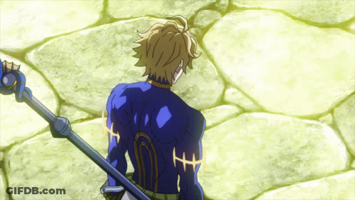Man In Blue Shirt Holding Sword GIF