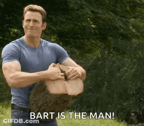 Man In Blue Shirt Holding Wood Says Bart Is The Man GIF