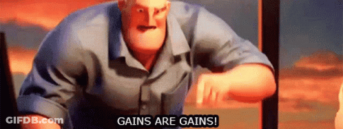 Man In Blue Shirt In Front Of Gains Are Gains Sign GIF