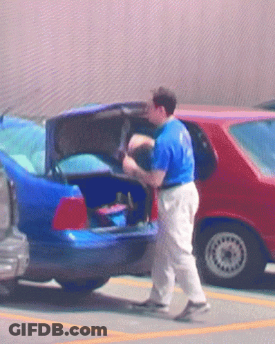 Man In Blue Shirt Loading Car Trunk GIF