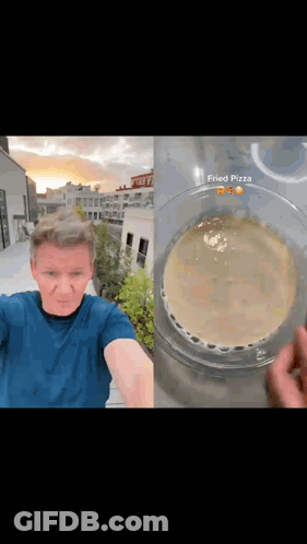Man In Blue Shirt Next To Bowl Of Fried Pizza GIF