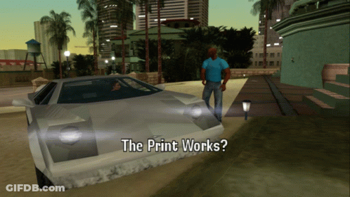 Man In Blue Shirt Next To Car Saying The Print Works GIF