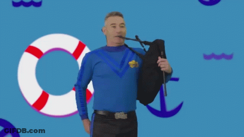 Man In Blue Shirt Playing Bagpipe With Life Preserver GIF