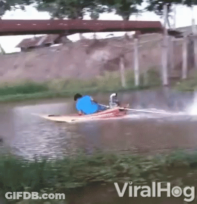 Man In Blue Shirt Riding Boat In River GIF