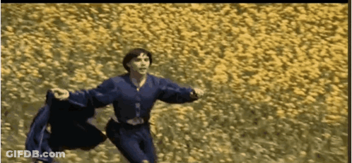 Man In Blue Shirt Running Through Yellow Flowers GIF
