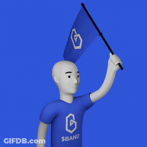 Man In Blue Shirt Saying Band Holds Flag GIF