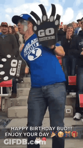 Man In Blue Shirt Saying Go Cougars Dancing GIF