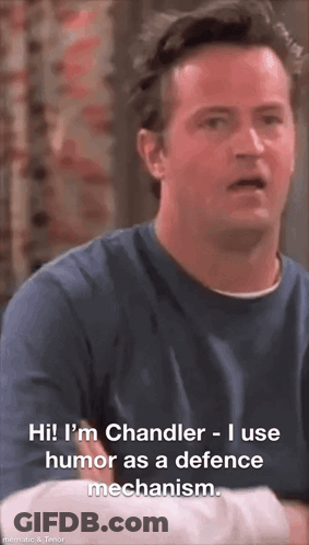 Man In Blue Shirt Saying Hi I'm Chandler I Use Humor As A Defence Mechanism GIF