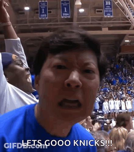 Man In Blue Shirt Saying Lets Go Knicks GIF