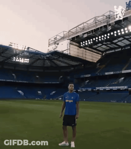 Man In Blue Shirt Saying Pingx In Front Of Soccer Stadium GIF