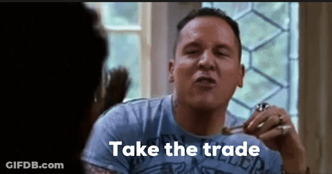 Man In Blue Shirt Saying Take The Trade While Eating GIF