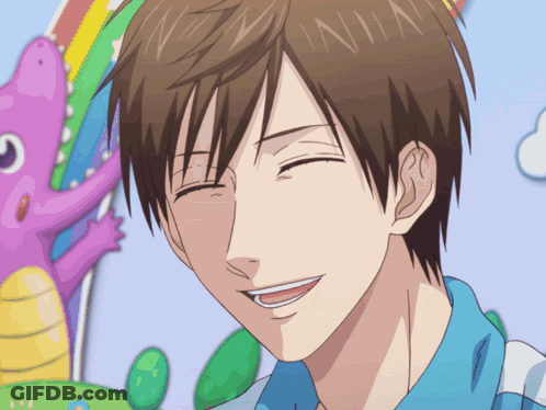 Man In Blue Shirt Smiling At Pink Dinosaur GIF