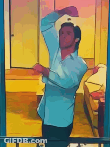 Man In Blue Shirt Standing In Room GIF