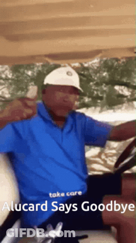 Man In Blue Shirt White Hat Driving Golf Cart Goodbye GIF
