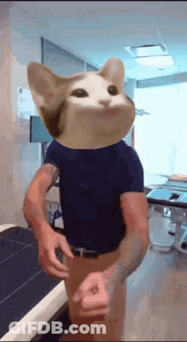 Man In Blue Shirt With Cat Head On Chest GIF