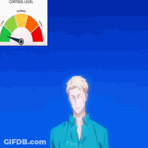 Man In Blue Shirt With Cortisol Level Sign GIF