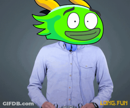 Man In Blue Shirt With Green Cartoon Head GIF