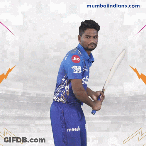 Man In Blue Shirt With Jio Holding Bat GIF