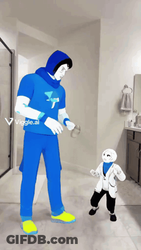 Man In Blue Shirt With Letter T Next To Smaller Figure GIF