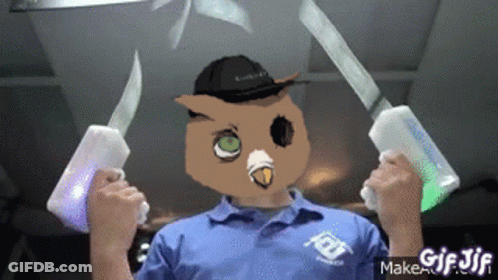 Man In Blue Shirt With Owl Mask Holding Two Glowing Swords GIF