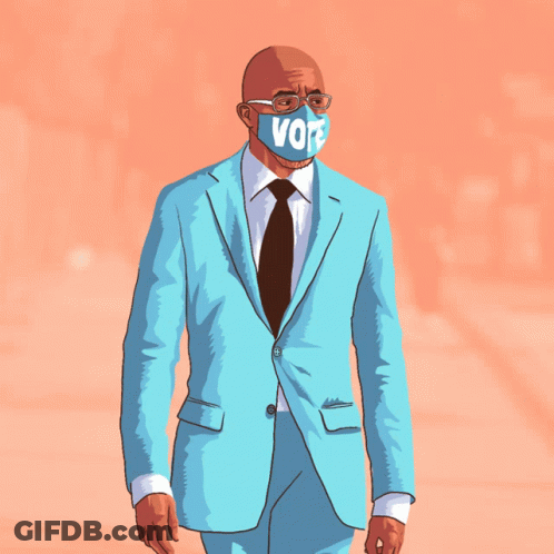 Man In Blue Suit Face Mask Saying Vote GIF