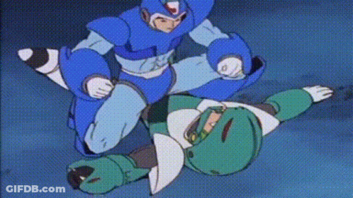 Man In Blue Suit Kicking Green Robot GIF