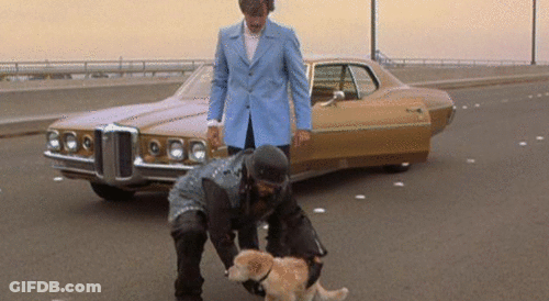 Man In Blue Suit Kneeling Beside Dog And Brown Car GIF