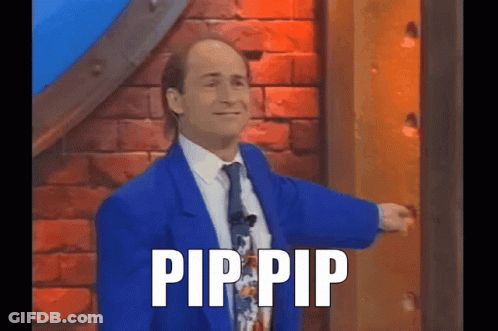 Man In Blue Suit Pointing At Door Saying Pip Pip GIF