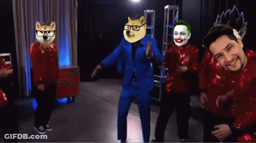 Man In Blue Suit Wearing Doge Mask GIF