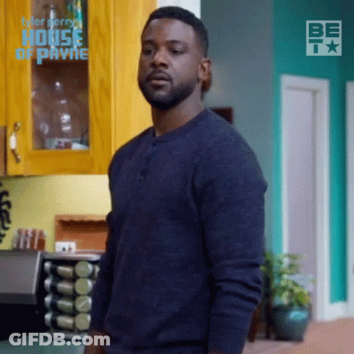 Man In Blue Sweater In Kitchen With House Of Payne GIF