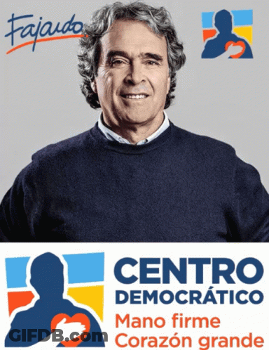 Man In Blue Sweater Next To Centro Democrático Logo GIF