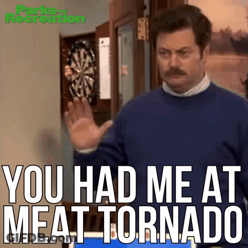 Man In Blue Sweater Saying Meat Tornado GIF