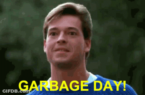 Man In Blue Sweater Says Garbage Day GIF