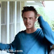 Man In Blue Sweater Standing Before Screen Door GIF