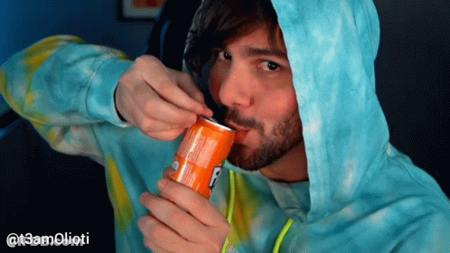 Man In Blue Tie Dye Hoodie Drinking Fanta GIF