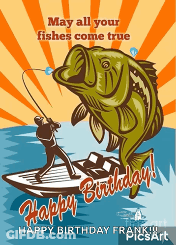 Man In Boat Catching Fish Saying May All Your Fishes Come True GIF