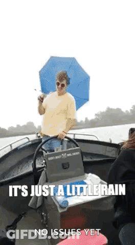 Man In Boat Holding Umbrella GIF