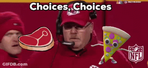 Man In Bose Headset Looking At Steak And Pizza Cartoon GIF