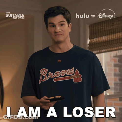 Man In Braves Shirt Saying I Am A Loser Holding Food GIF