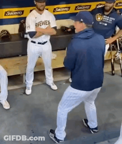 Man In Brewers Jersey Next To Another Man GIF