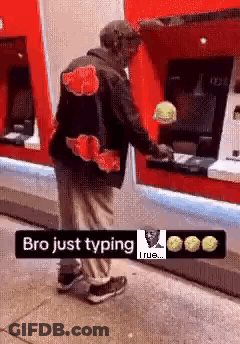 Man In Bro Just Typing Jacket At ATM GIF