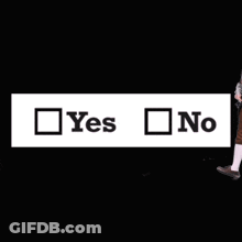 Man In Brown Coat Standing Before Yes No Sign GIF
