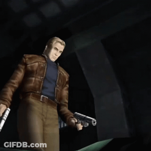 Man In Brown Jacket Holding Gun In Dark Room GIF