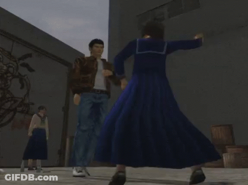 Man In Brown Jacket Next To Woman In Blue Dress In Video Game GIF